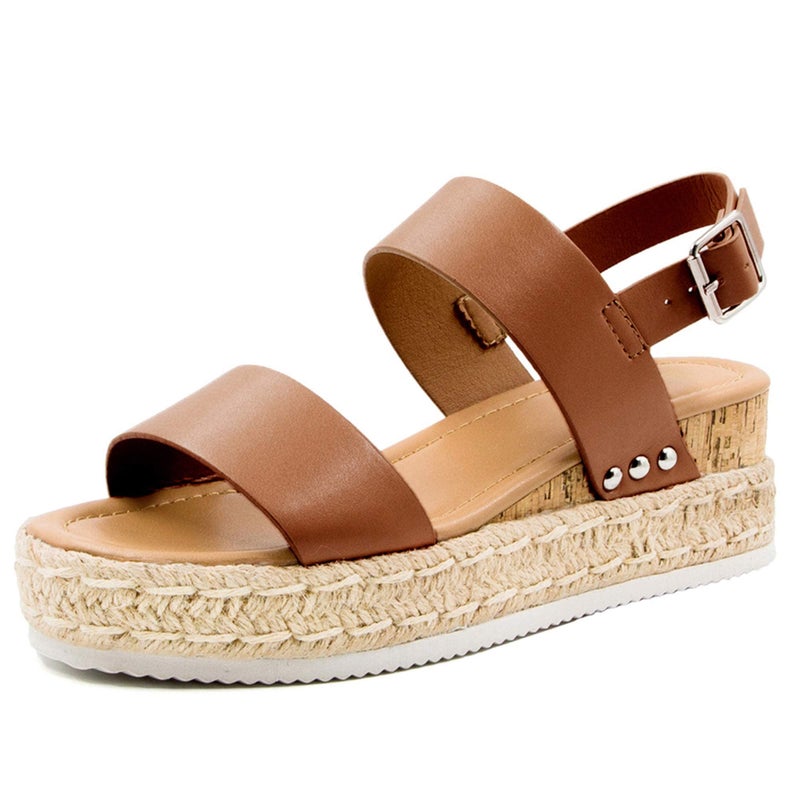 Athlefit Women's Espadrilles Platform Wedge Sandals Casual Open Toe Ankle Strap Buckle Summer Sandals, Light Brown, Size 5.5, AD00502 - Image 1